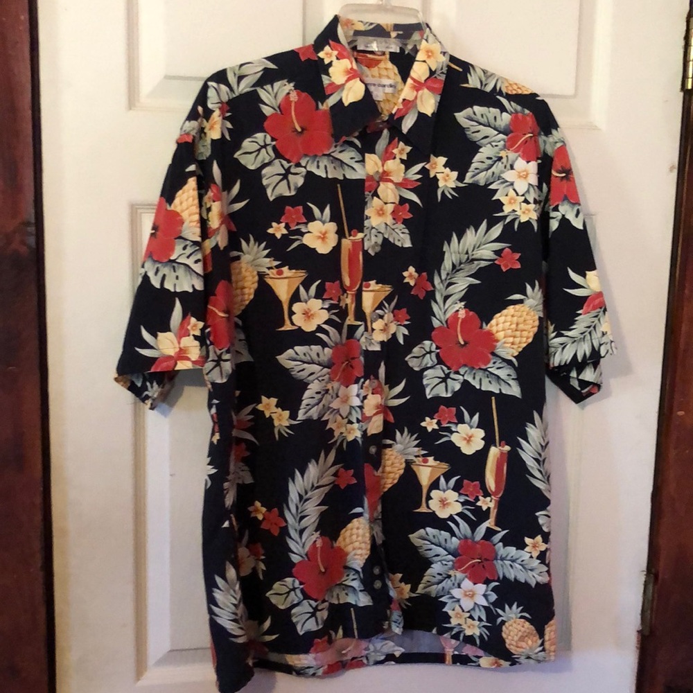 Pierre Cardin Black Tropical Floral Cocktail Pineapple Hawaiian Style Shirt L